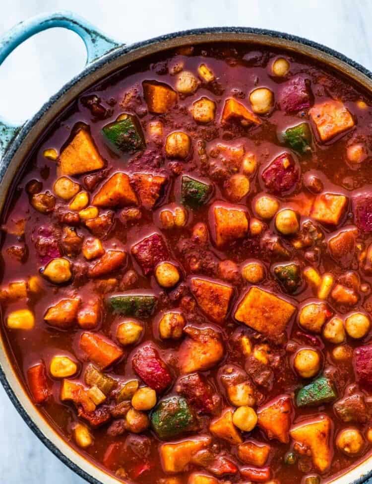 A big pot filled with vegan sweet potato chili.