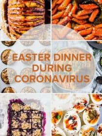 A grid of six photos of easter dinner recipes with a transparent circle on top and the title of the blog post