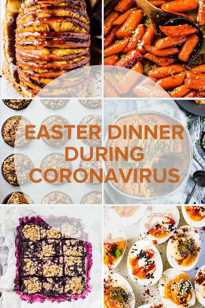 A grid of six photos of easter dinner recipes with a transparent circle on top and the title of the blog post