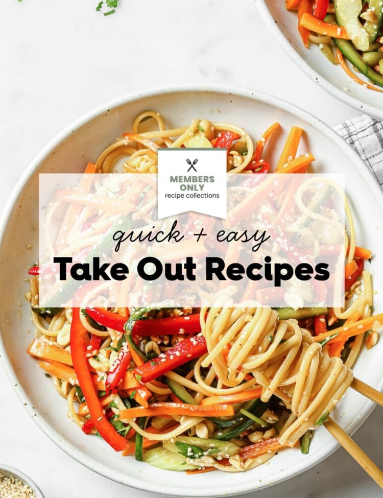 A bowl of vegetable stir-fry noodles with chopsticks, topped with sesame seeds, sits on a white table. Text overlay reads quick + easy takeout recipes.