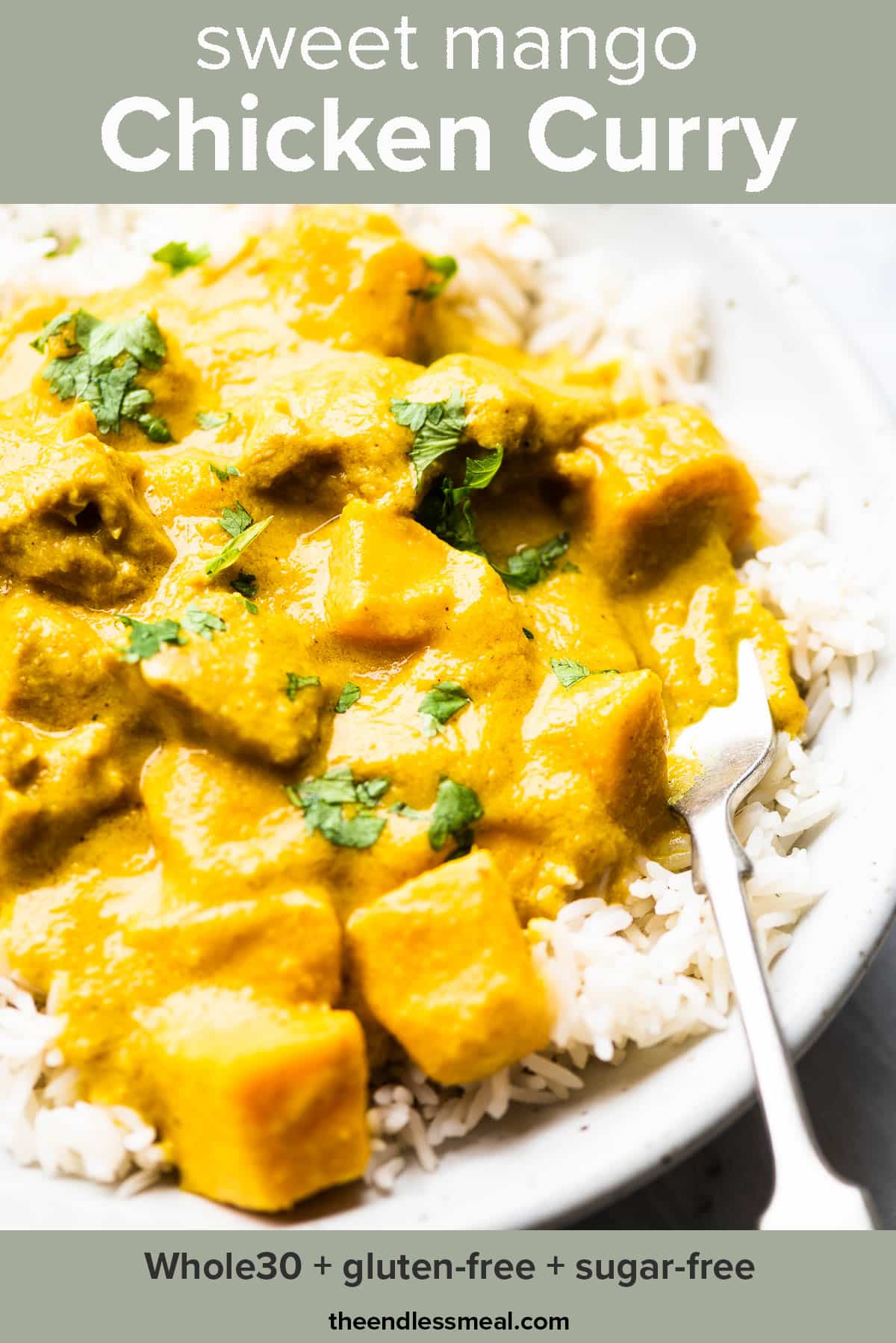 Mango chicken curry in a bowl with rice and a fork and the recipe title on top of the picture.