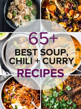 A grid of six photos of soup, chili, and curry recipes, with a transparent circle and the title of the post