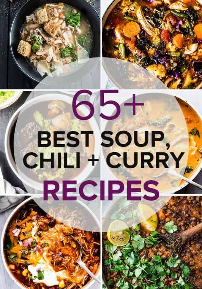 A grid of six photos of soup, chili, and curry recipes, with a transparent circle and the title of the post