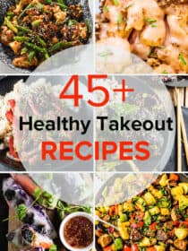 Six photos in a grid of takeout recipes with the title of the blog post over a transparent white circle