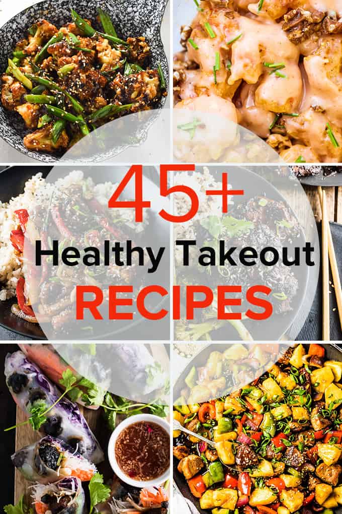 Six photos in a grid of takeout recipes with the title of the blog post over a transparent white circle