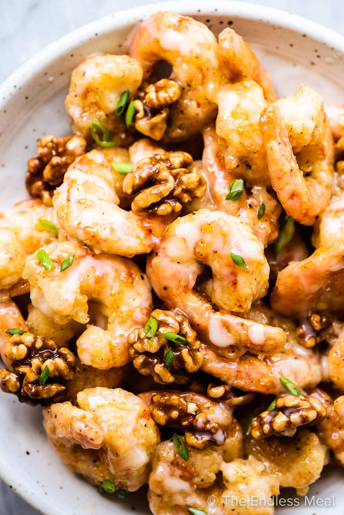 Honey walnut shrimp on a serving plate.