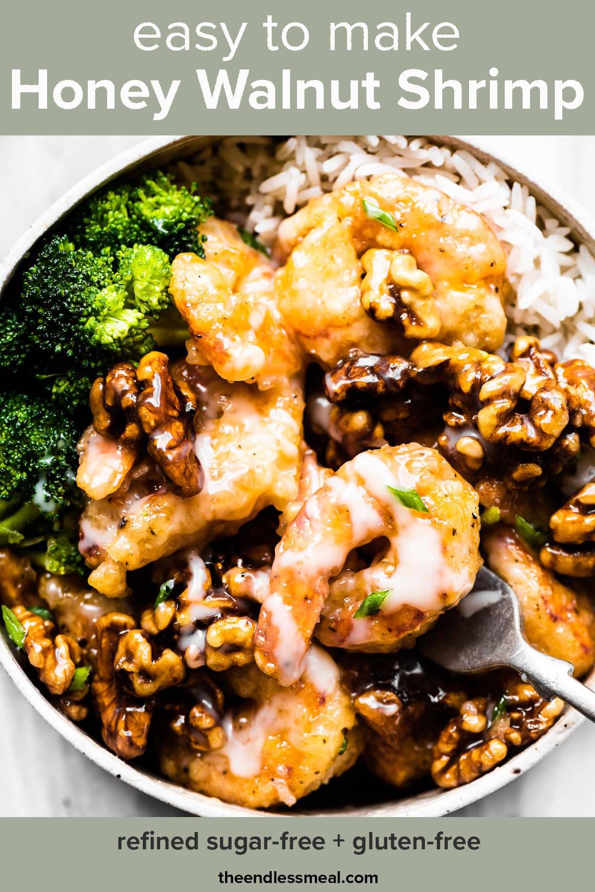 Honey walnut shrimp in a bowl with rice and broccoli.