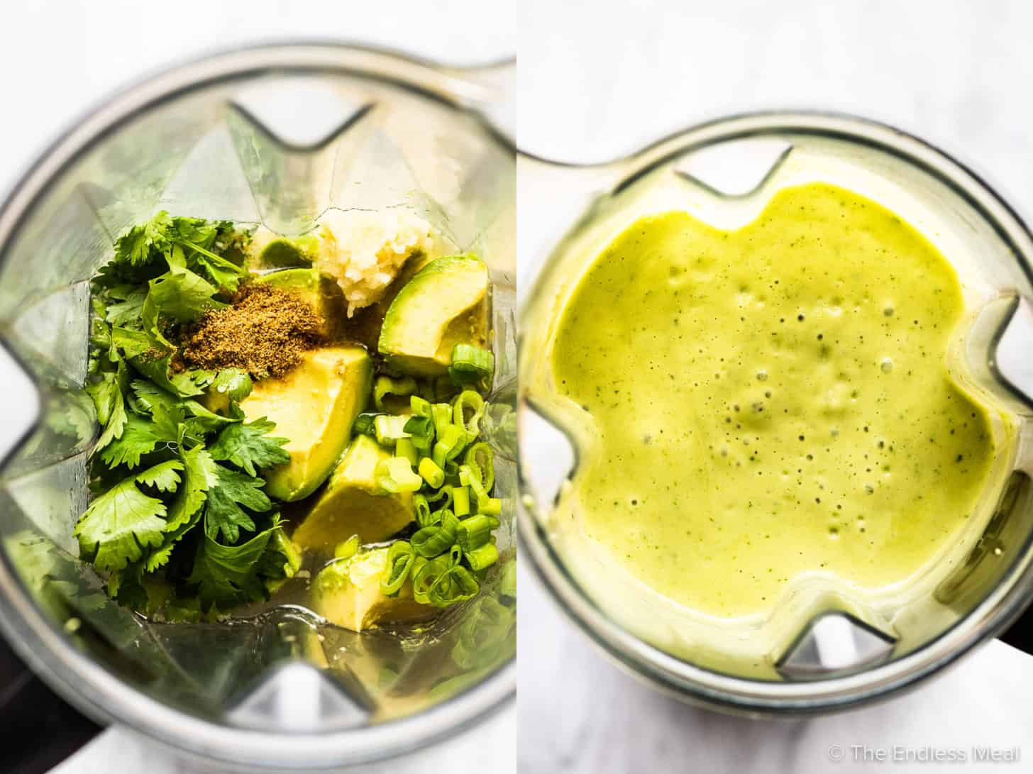 Before and after pictures of the soup ingredients in a blender then them blended into a soup.
