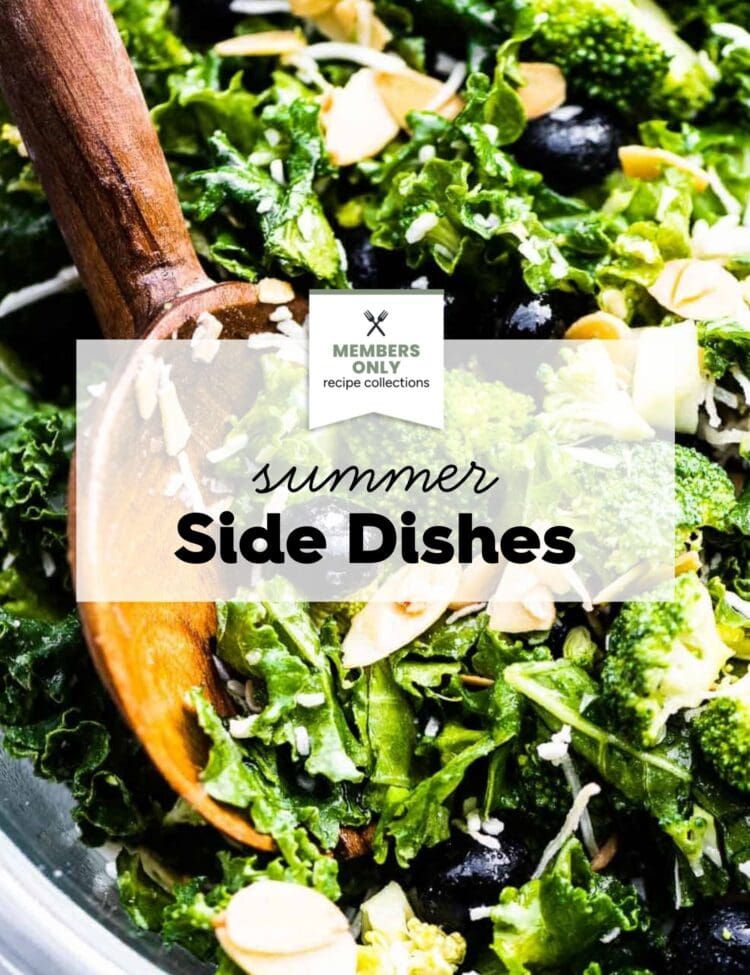 Close-up of a green salad with kale, broccoli, sliced almonds, and blueberries, perfect for summer side dishes. A wooden spoon rests nearby, and a text overlay reads “summer Side Dishes.”.
