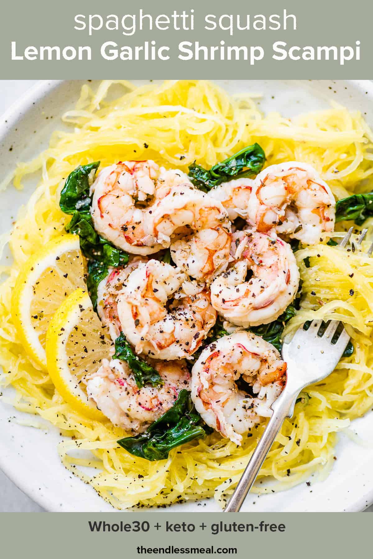 A white plate with spaghetti squash and shrimp scampi on top and the recipe title on top of the picture.