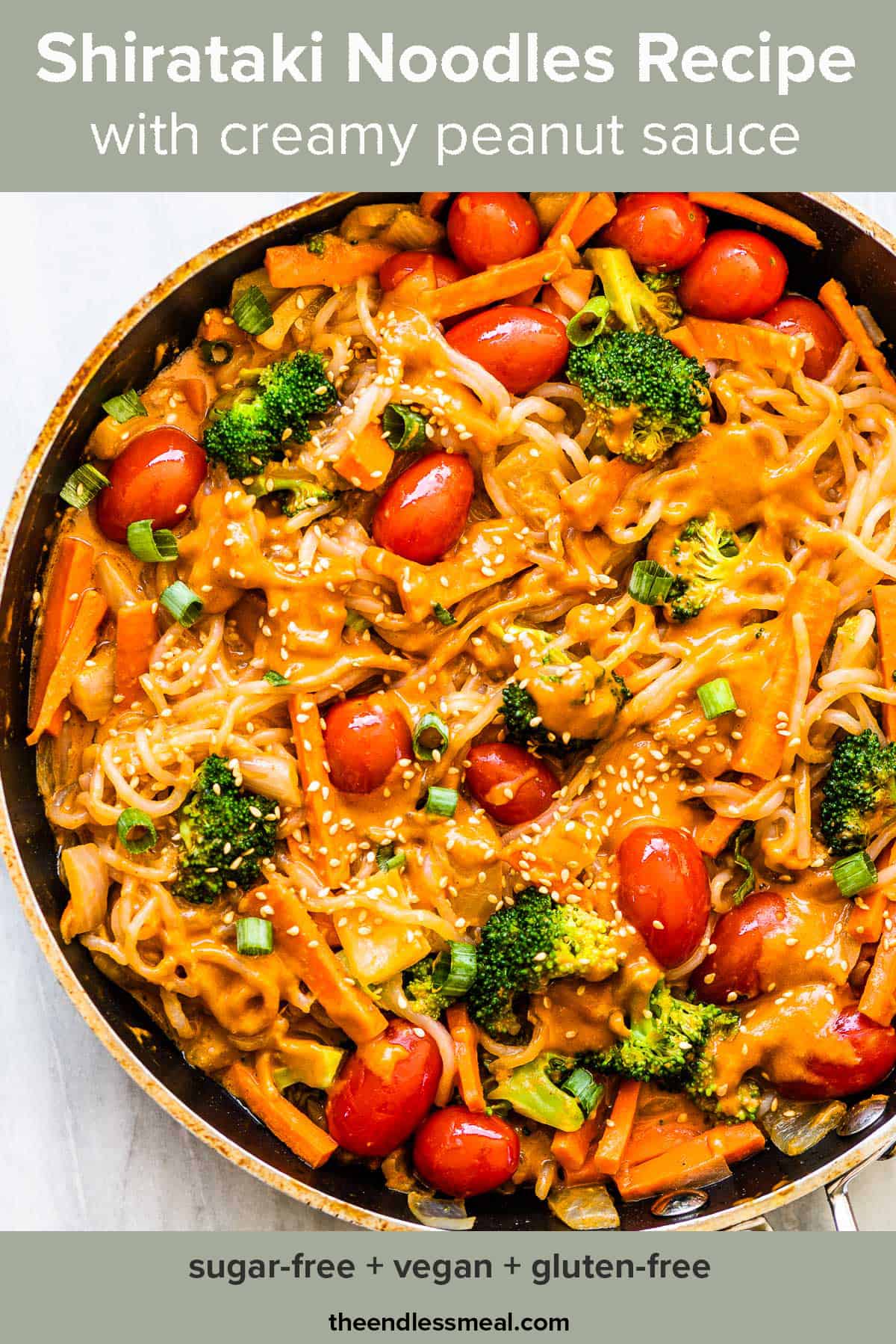 shirataki noodles in a pan with veggies and a peanut sauce with the recipe title on top of the picture.