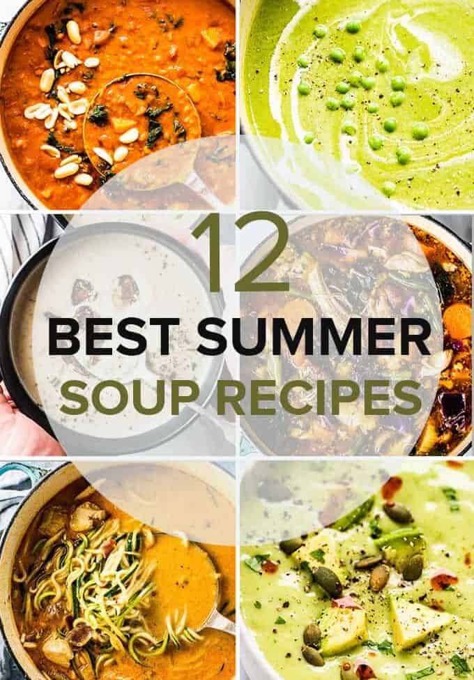 A grid of six photos of summer soup recipes with a transparent circle and a the title of the post.