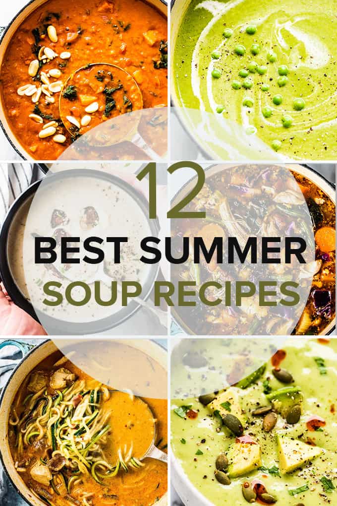 A grid of six photos of summer soup recipes with a transparent circle and a the title of the post.