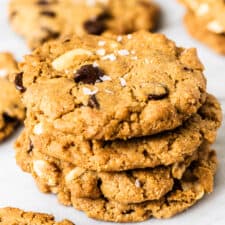 A stack of gluten free peanut butter cookies with chocolate chips.