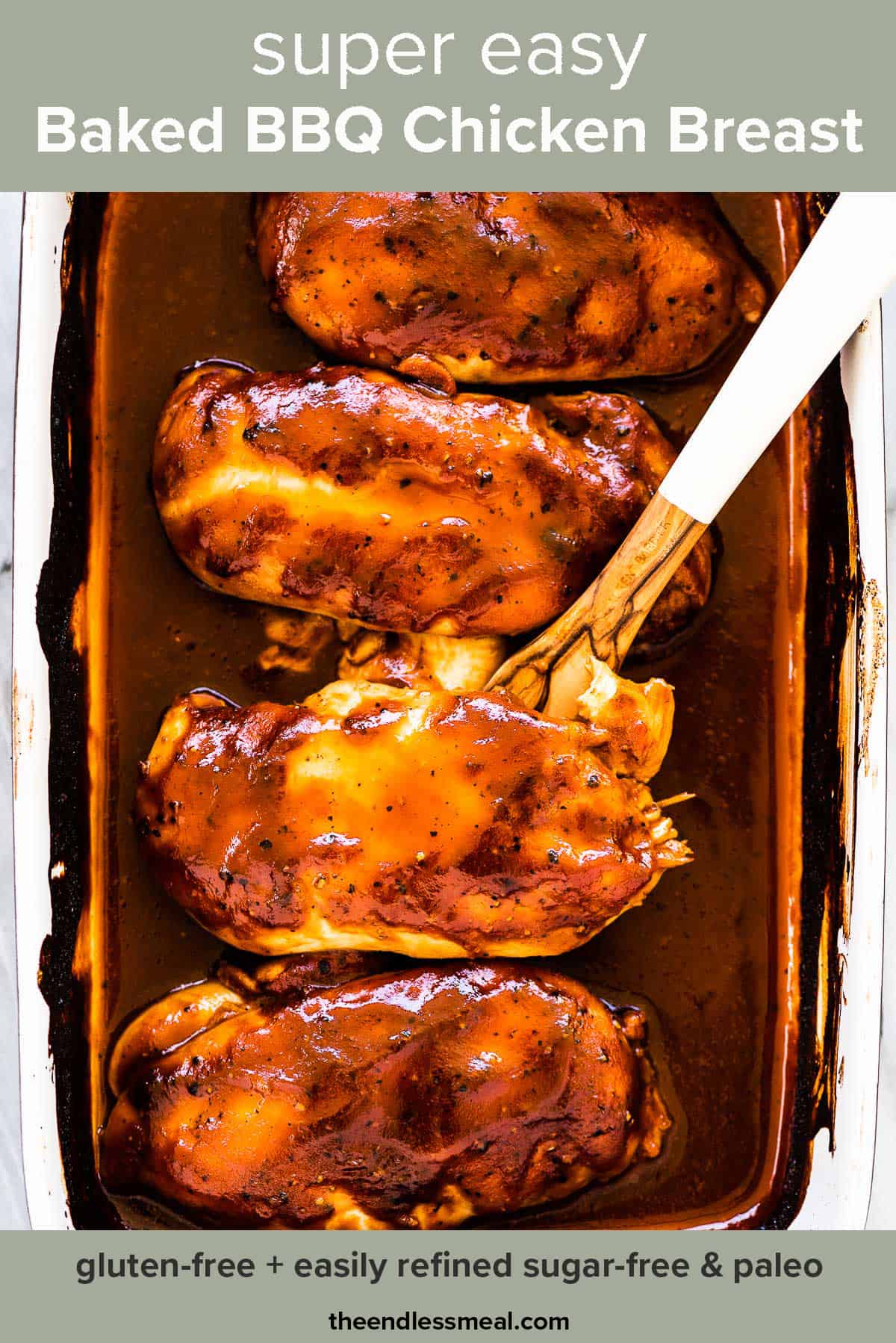 Four cooked chicken breasts covered with bbq sauce in a baking dish with the recipe title on top of the picture.