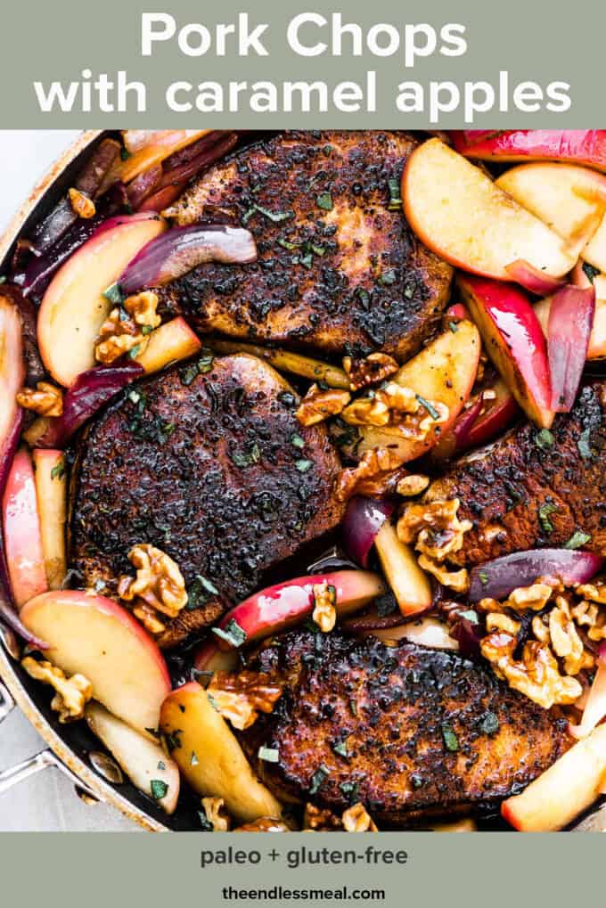 A pan of pork chops with apples and onions and the recipe title on top of the picture. 