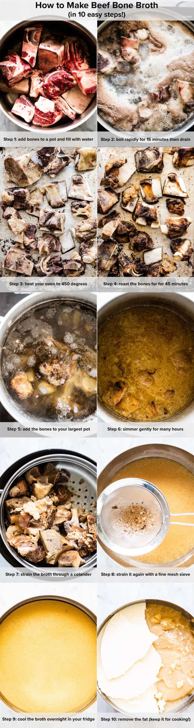 Multiple images showing how to make beef bone broth in 10 steps.