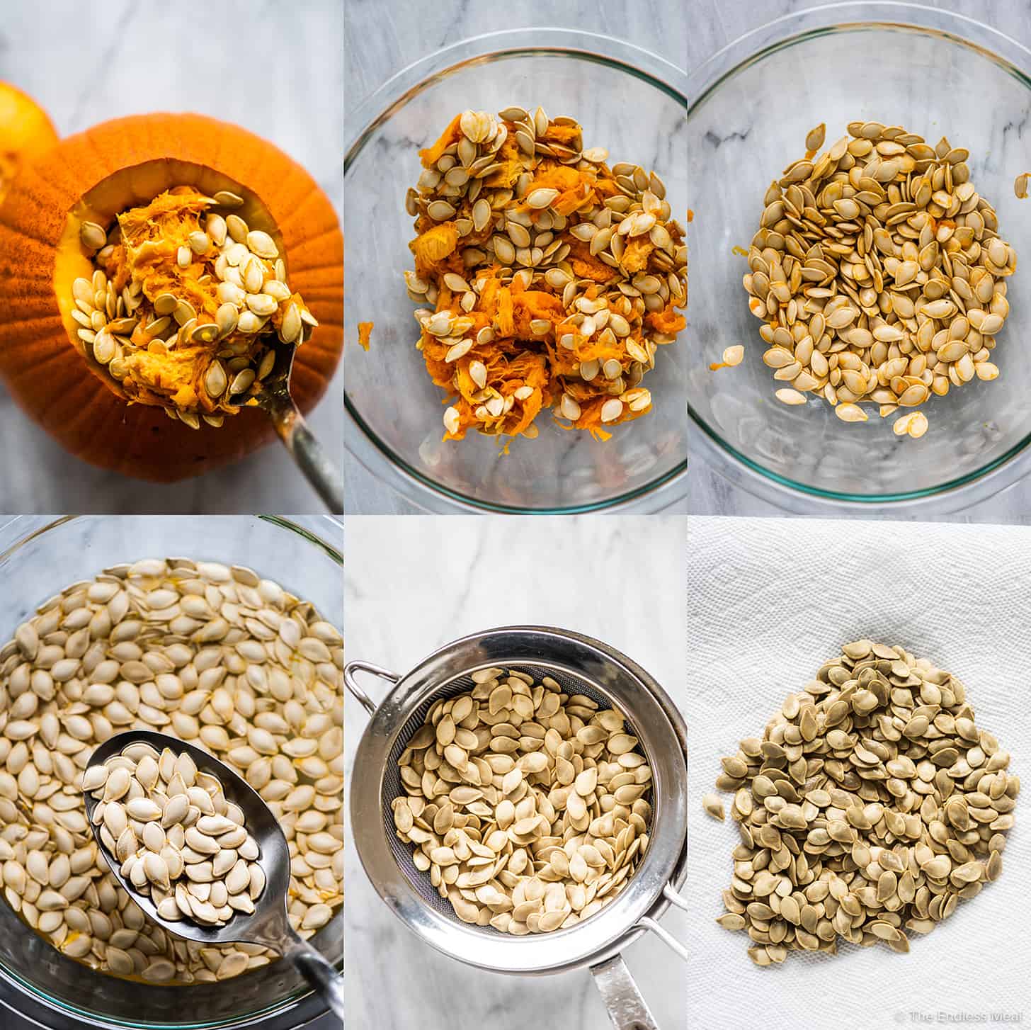 6 pictures showing how to roast pumpkin seeds.