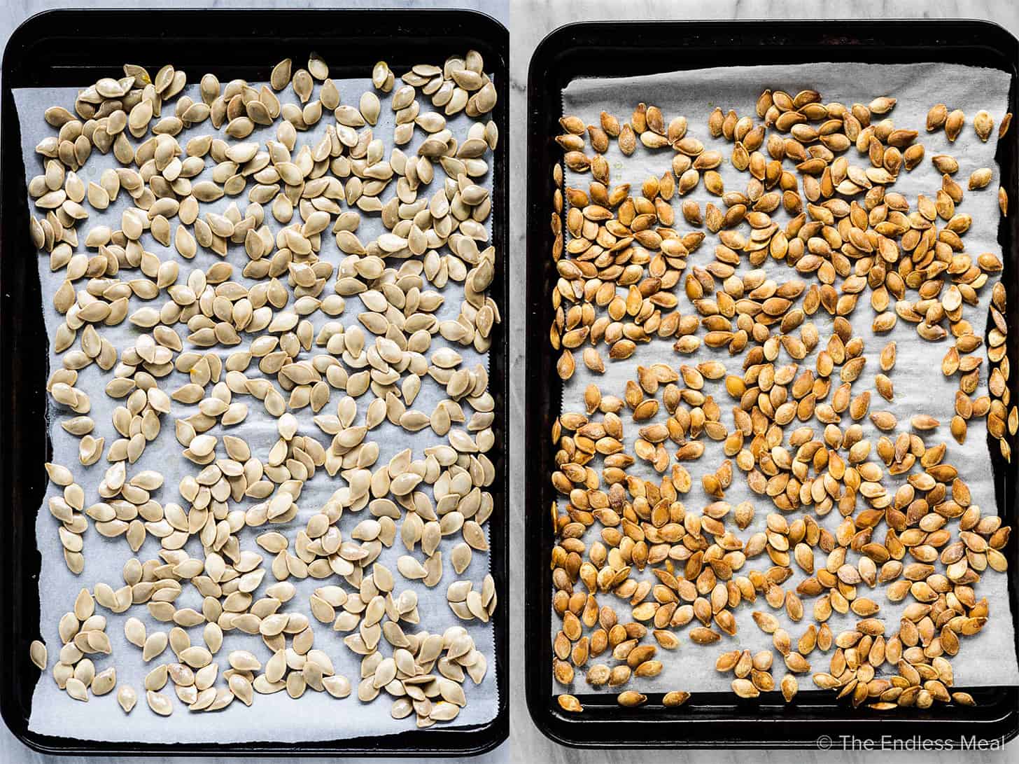 Before and after baking pumpkin seeds.