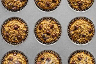 A close-up view of nine pumpkin oatmeal muffins with chocolate chips in a metal muffin tin, each in a brown paper liner.
