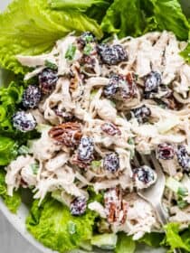Cranberry chicken salad on a bed of greens.