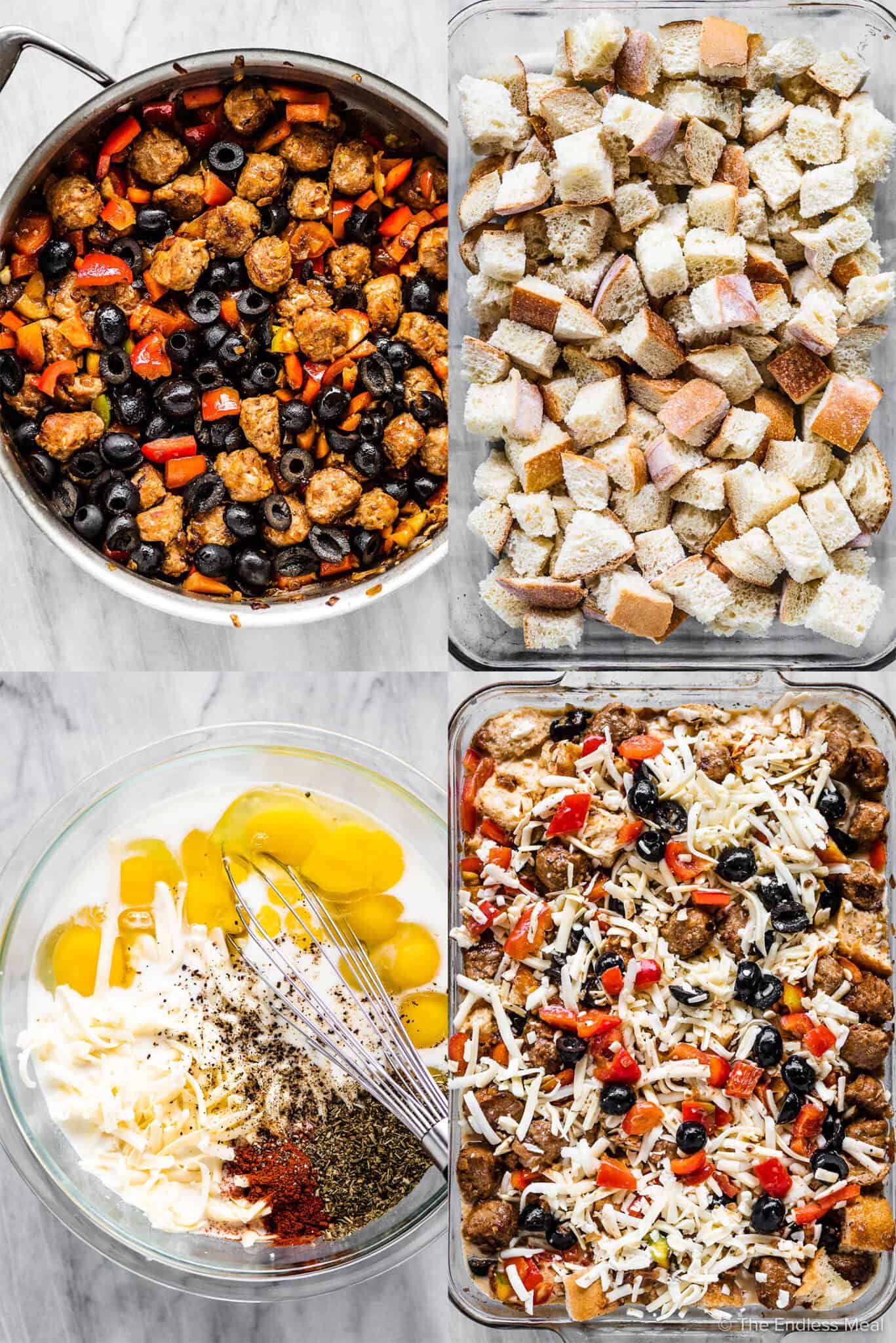 4 pictures showing the steps to make a breakfast strata.