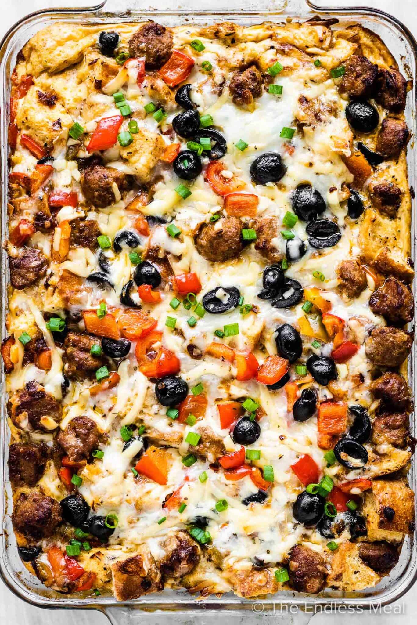 A Spanish breakfast casserole with olives hot out of the oven.