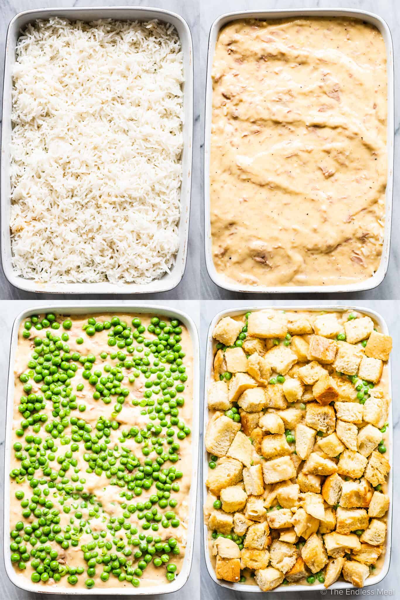 4 pictures showing how to assemble tuna rice casserole.