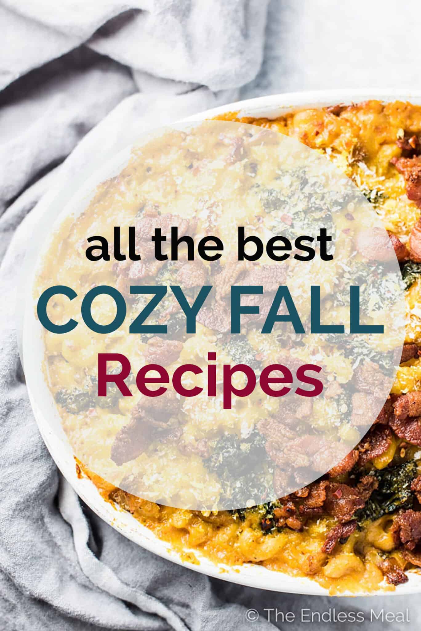 A dish of pumpkin pasta with the words all the best cozy fall recipes written on top. 
