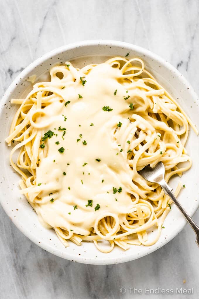 A white plate with vegan fettuccini alfredo and a fork.