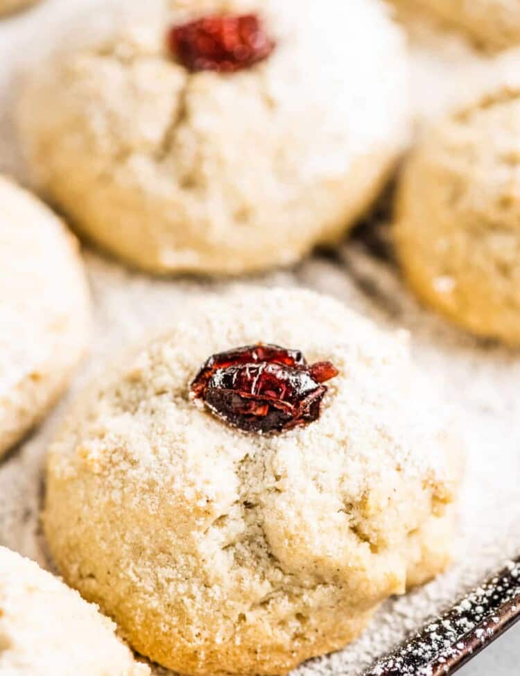 A closeup of gluten free shortbread cookies with dried cranberries on top on a baking sheet.