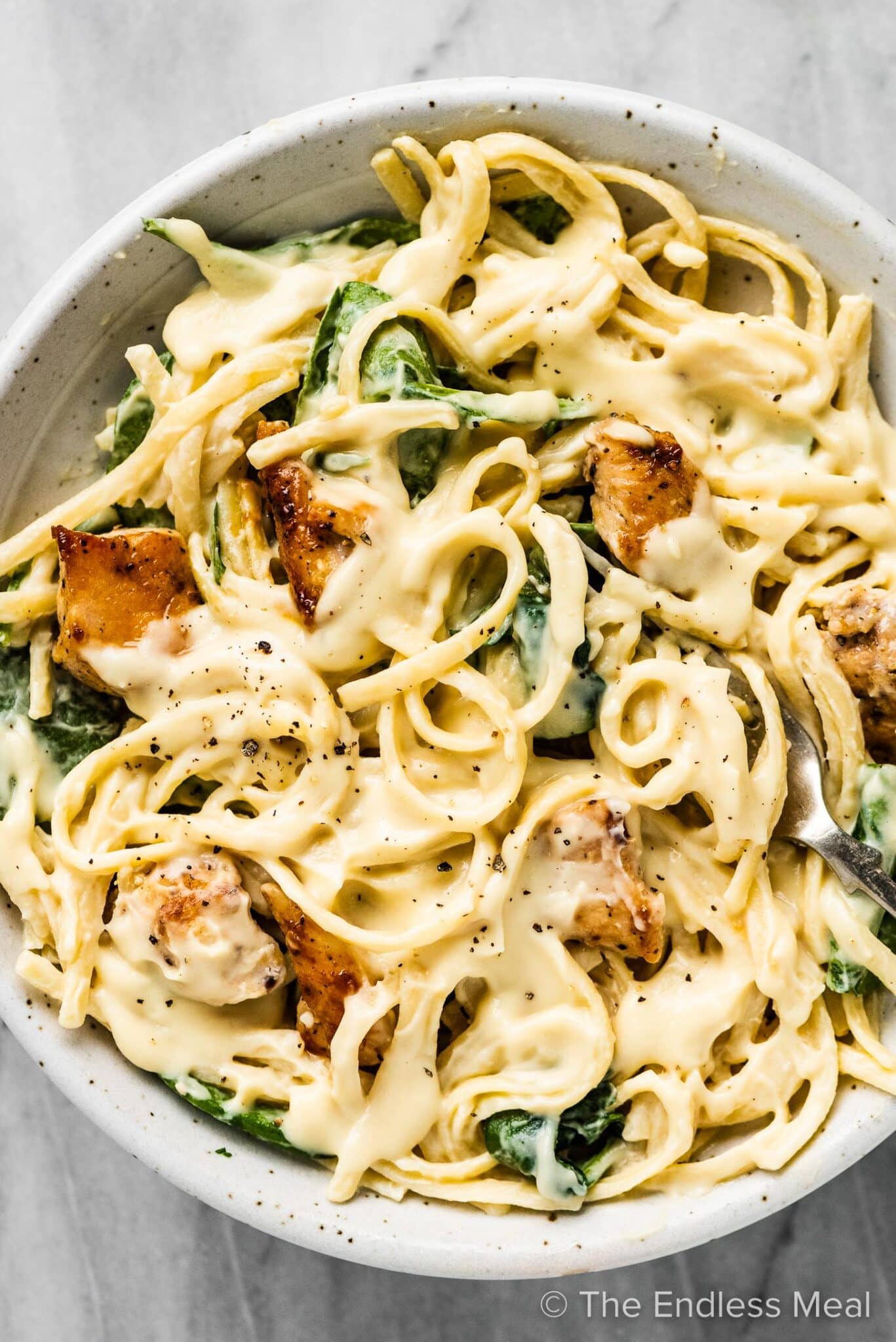 A white bowl filled with healthy chicken alfredo.