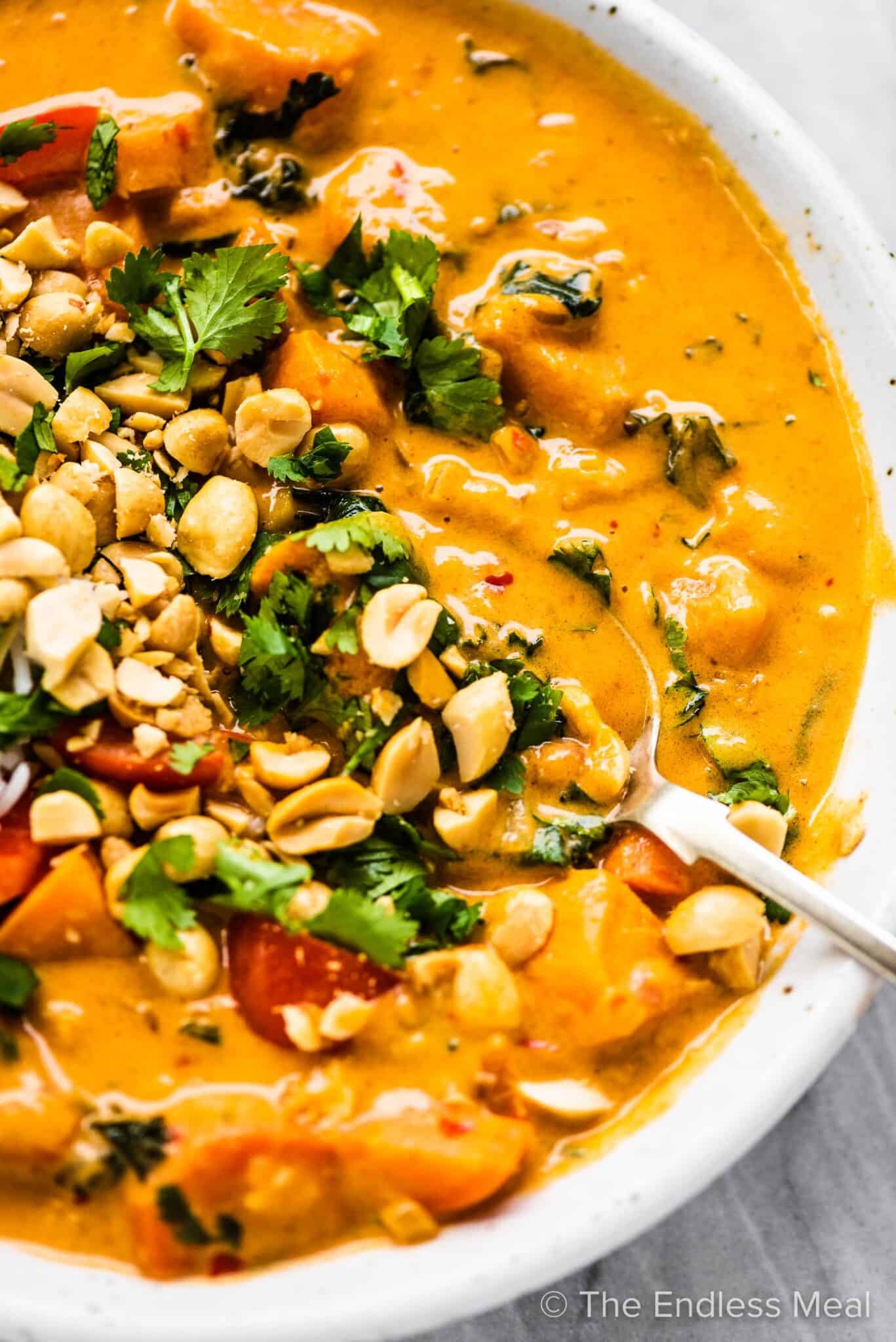 A close up of a bowl of peanut butter curry with a spoon in it. 