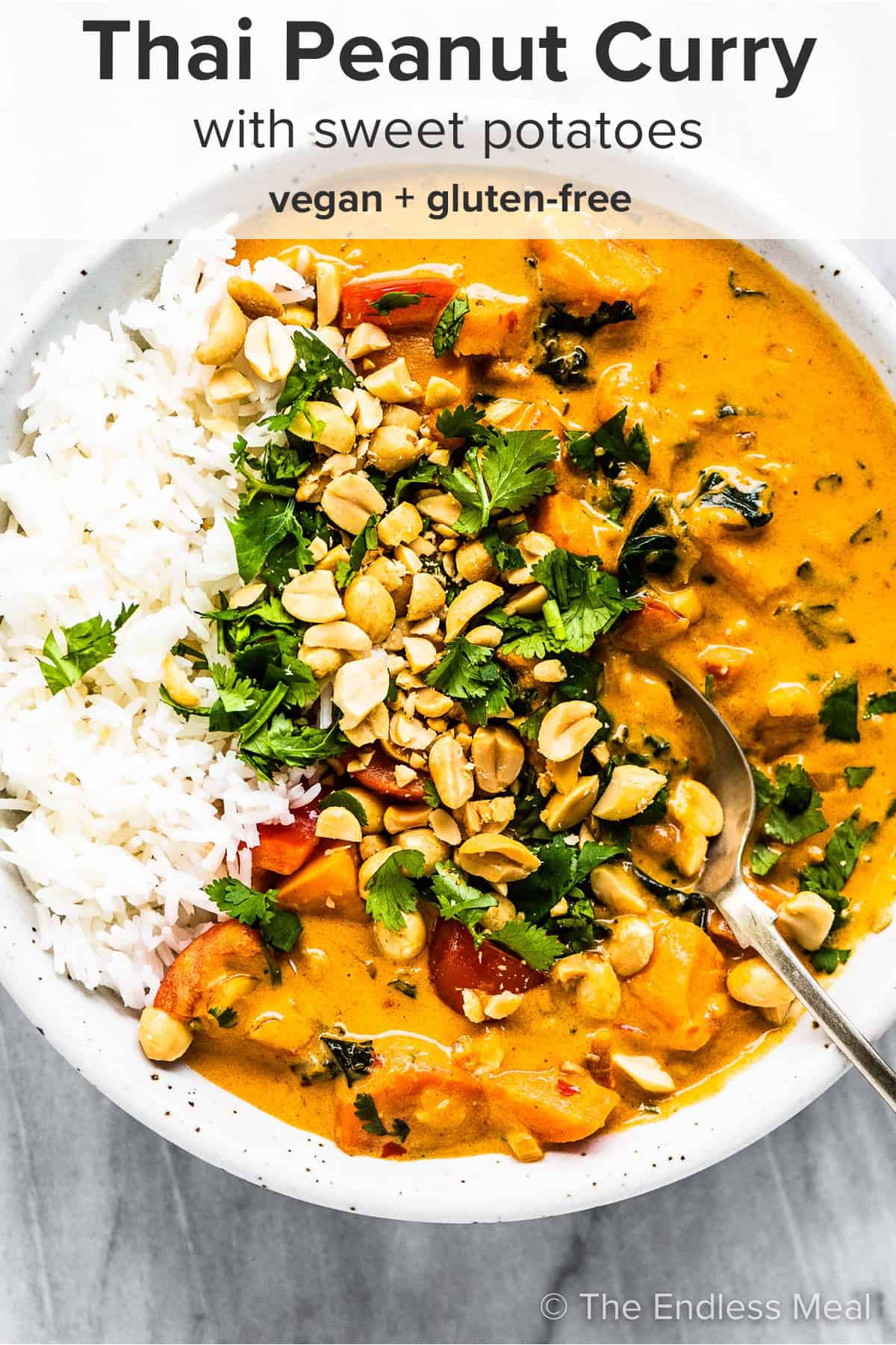 A bowl of peanut curry with rice with the recipe title on top of the picture. 