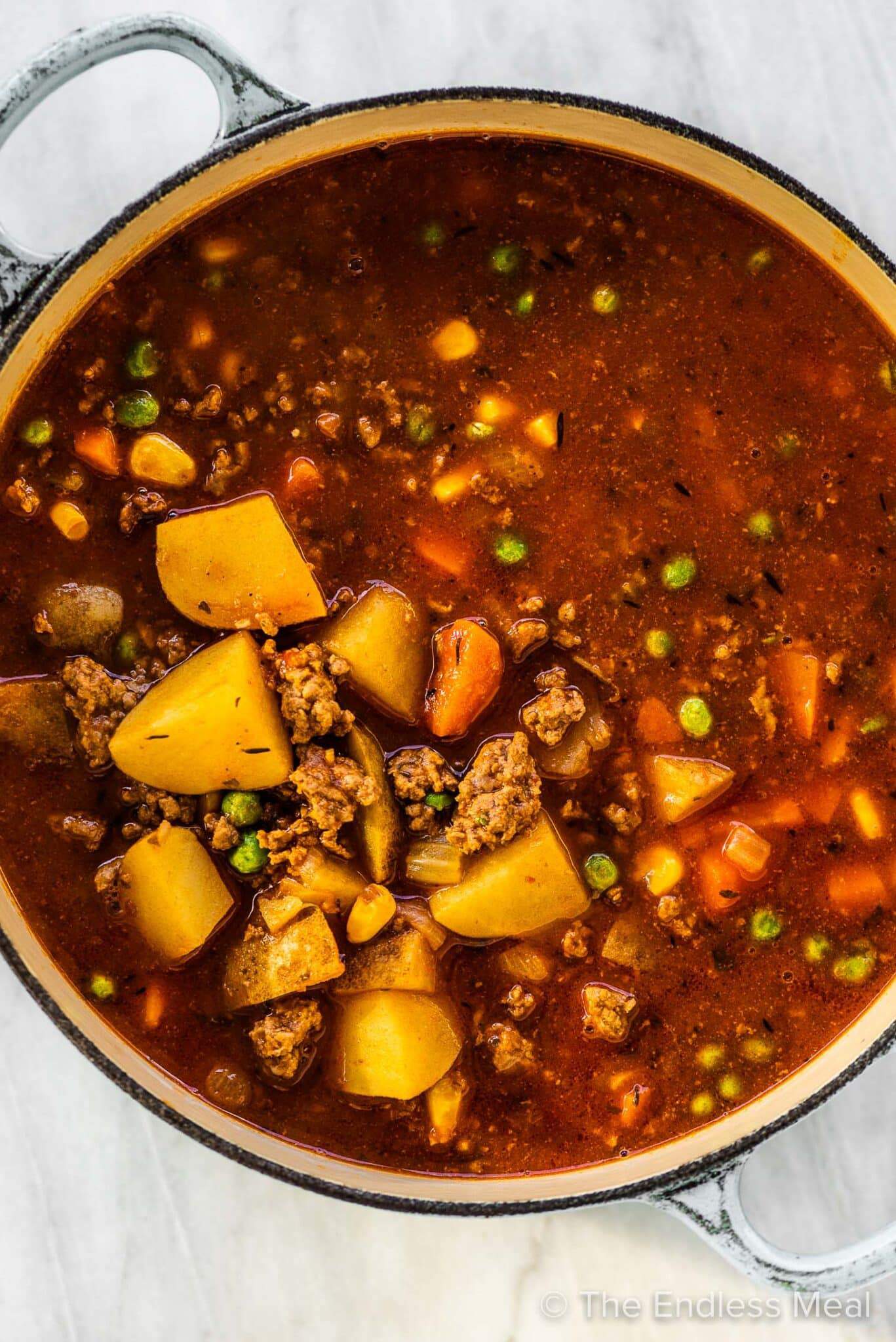 A pot of ground beef soup.