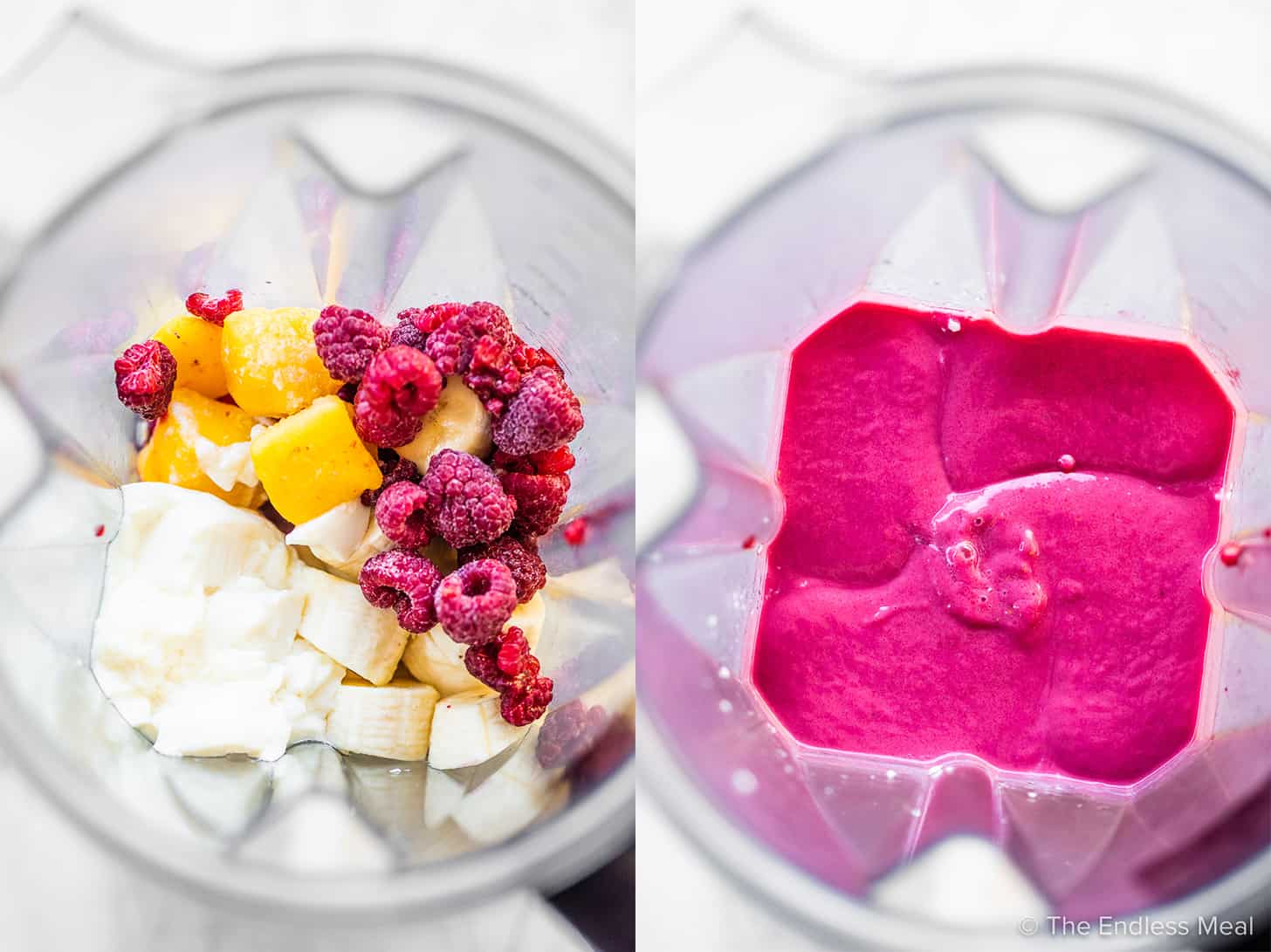 2 pictures showing how to make a tofu smoothie.