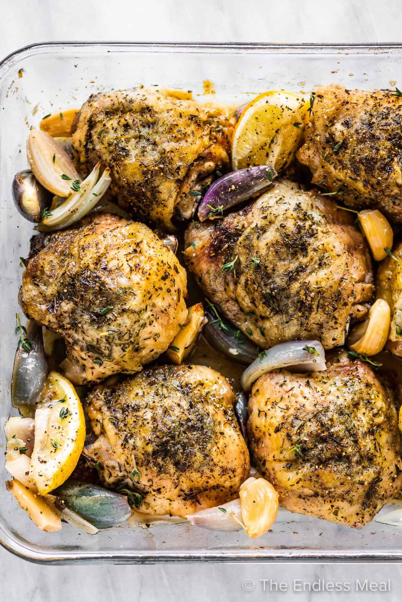 Herbes de provence chicken in a baking dish ready to be served. 