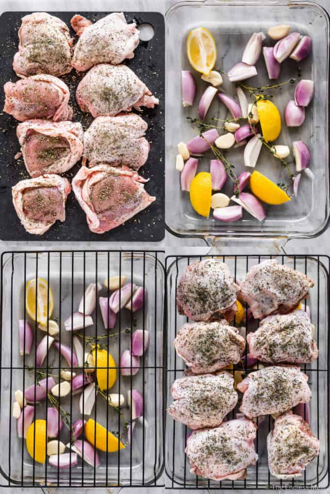 4 pictures showing how to make herbs de provence chicken.