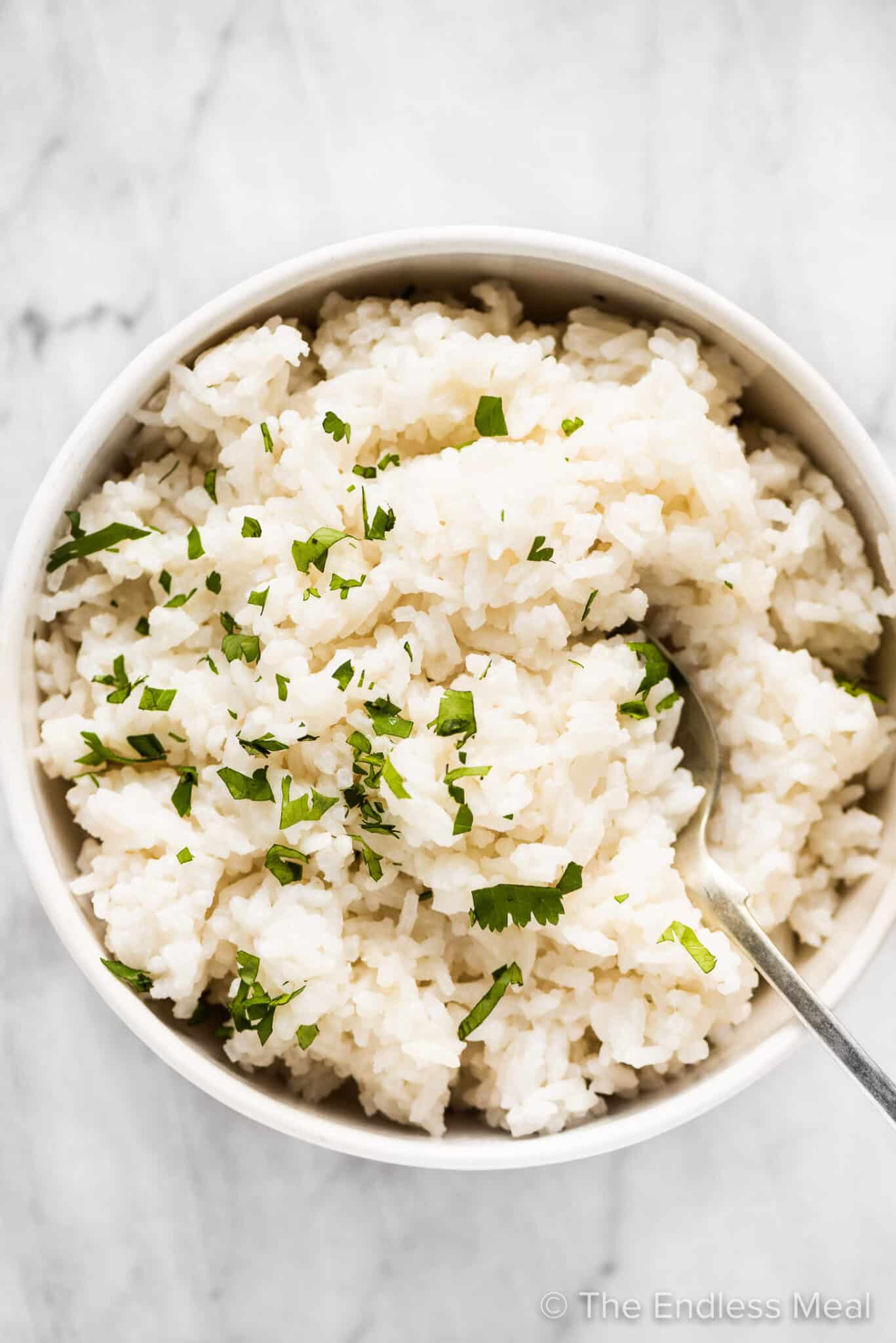 Coconut rice in a white bowl with a spoon.