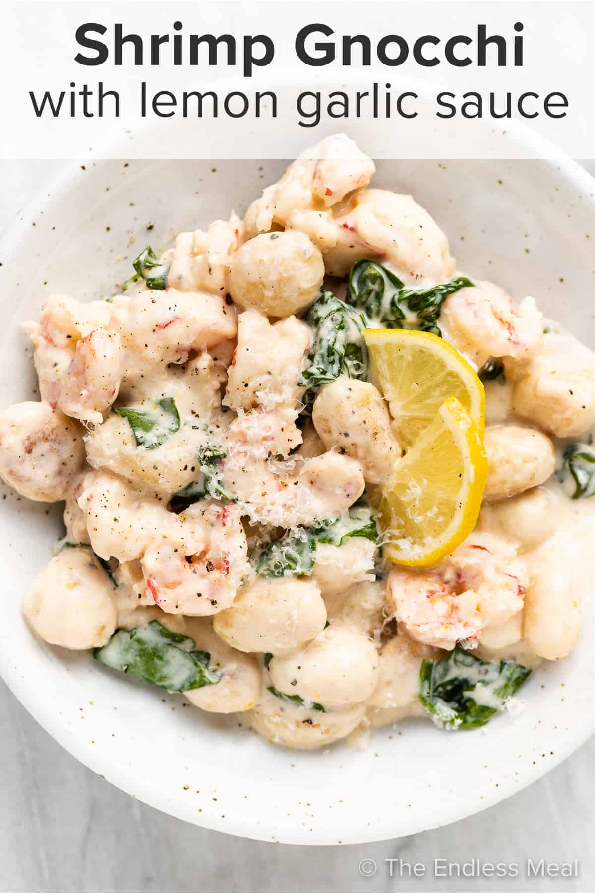 Shrimp Gnocchi with Lemon Garlic Butter Sauce in a white bowl and the recipe title on top of the picture.