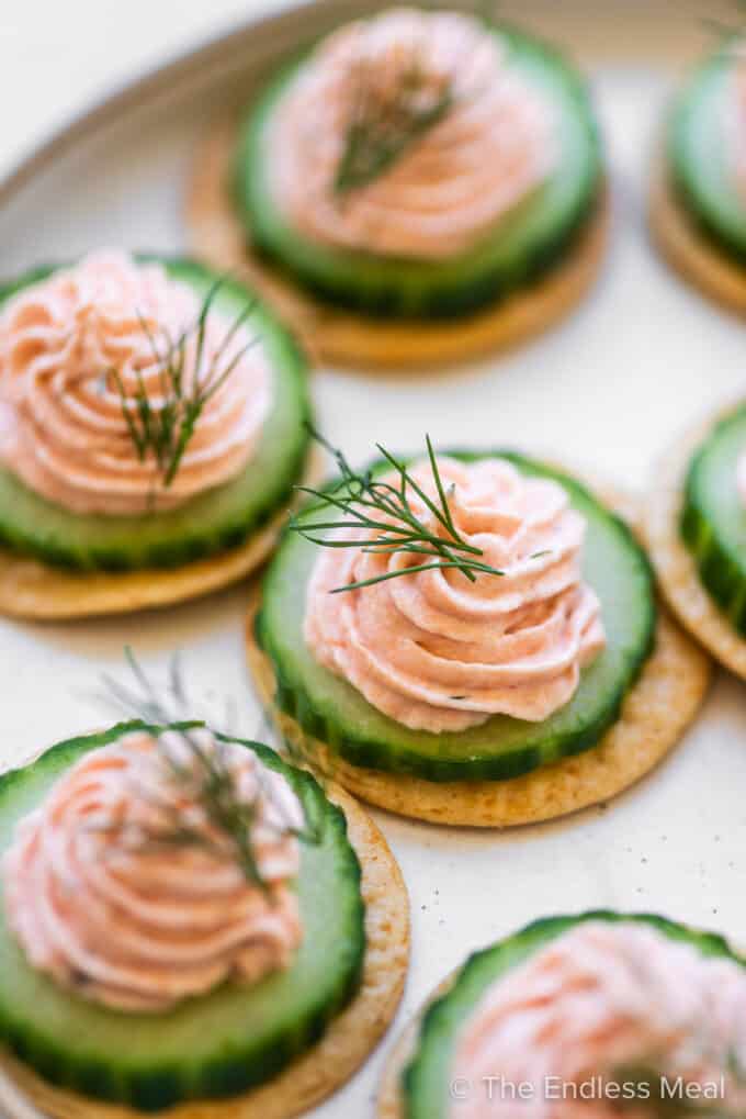 Smoked Salmon Mousse on crackers and cucumbers.