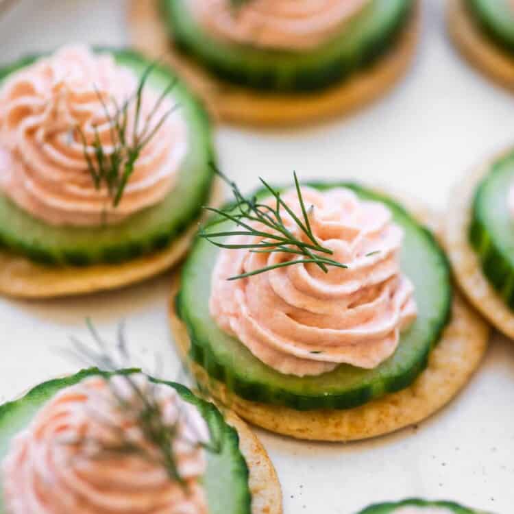 Smoked Salmon Mousse on crackers and cucumbers.