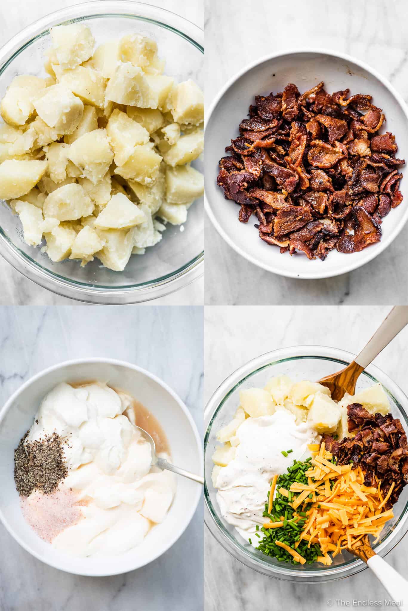 4 pictures showing how to make this baked potato salad recipe.