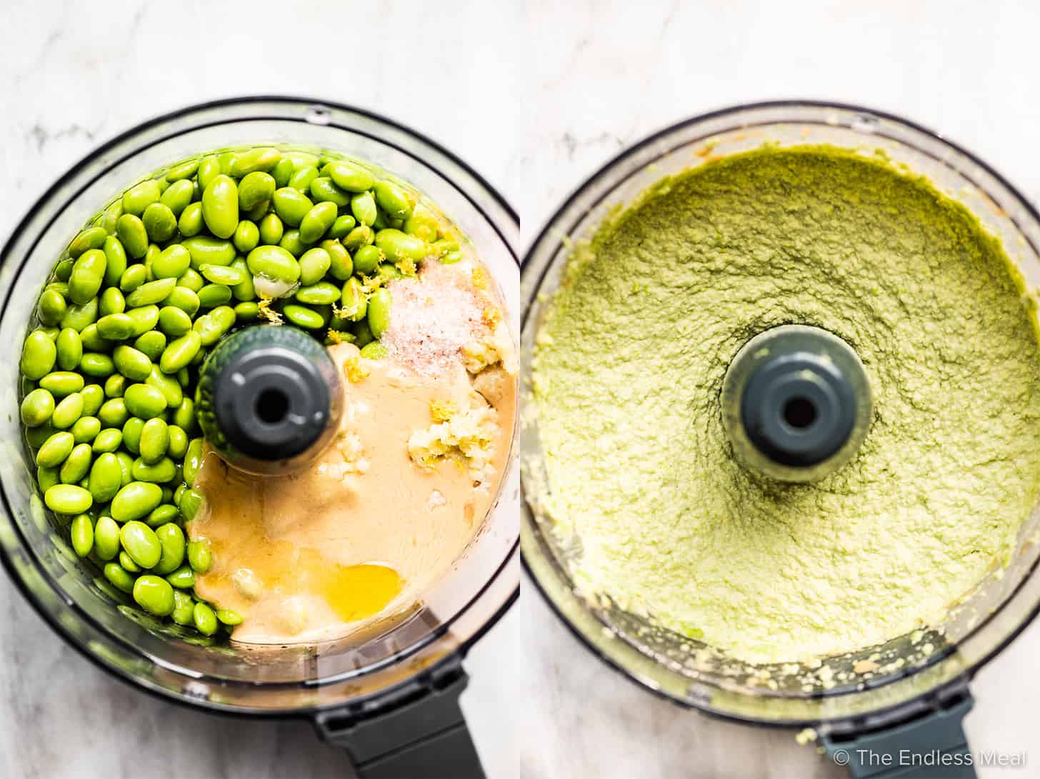 2 pictures showing how to make edamame hummus.