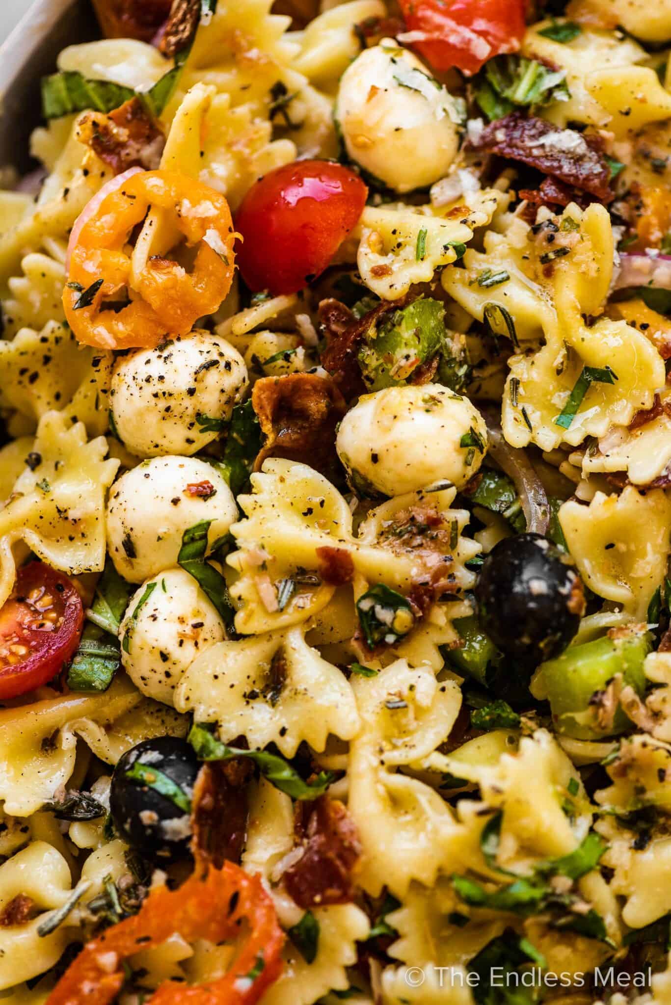 A close up of Pasta Salad with Italian Dressing.
