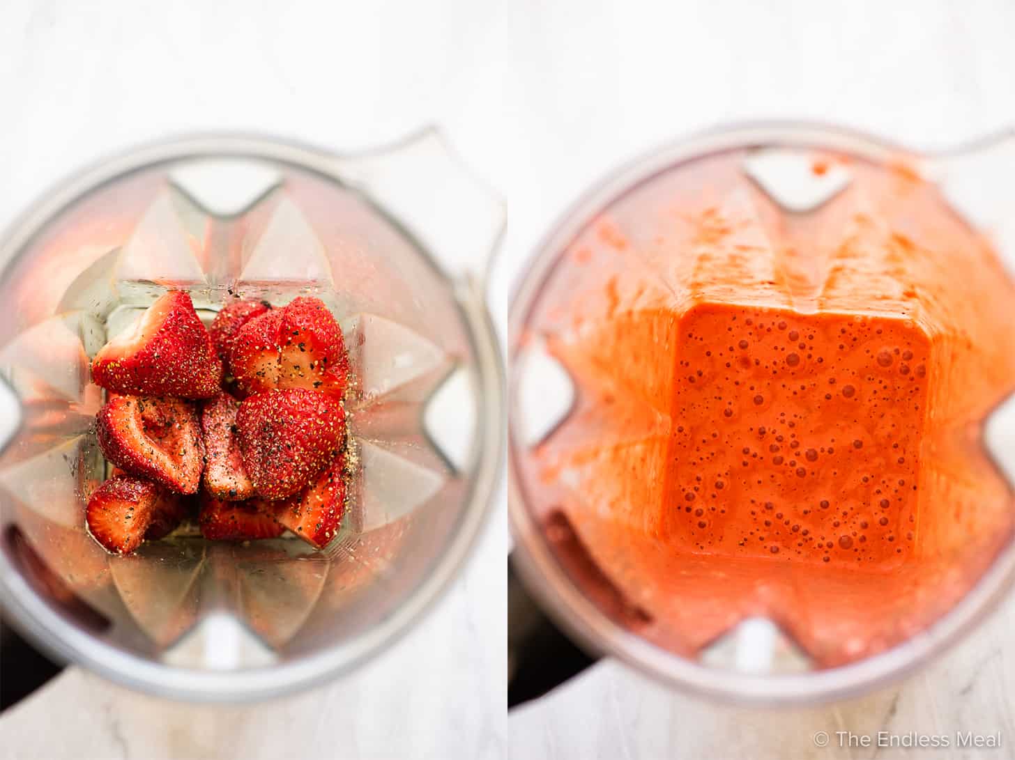 2 pictures showing how to make strawberry vinaigrette salad dressing.