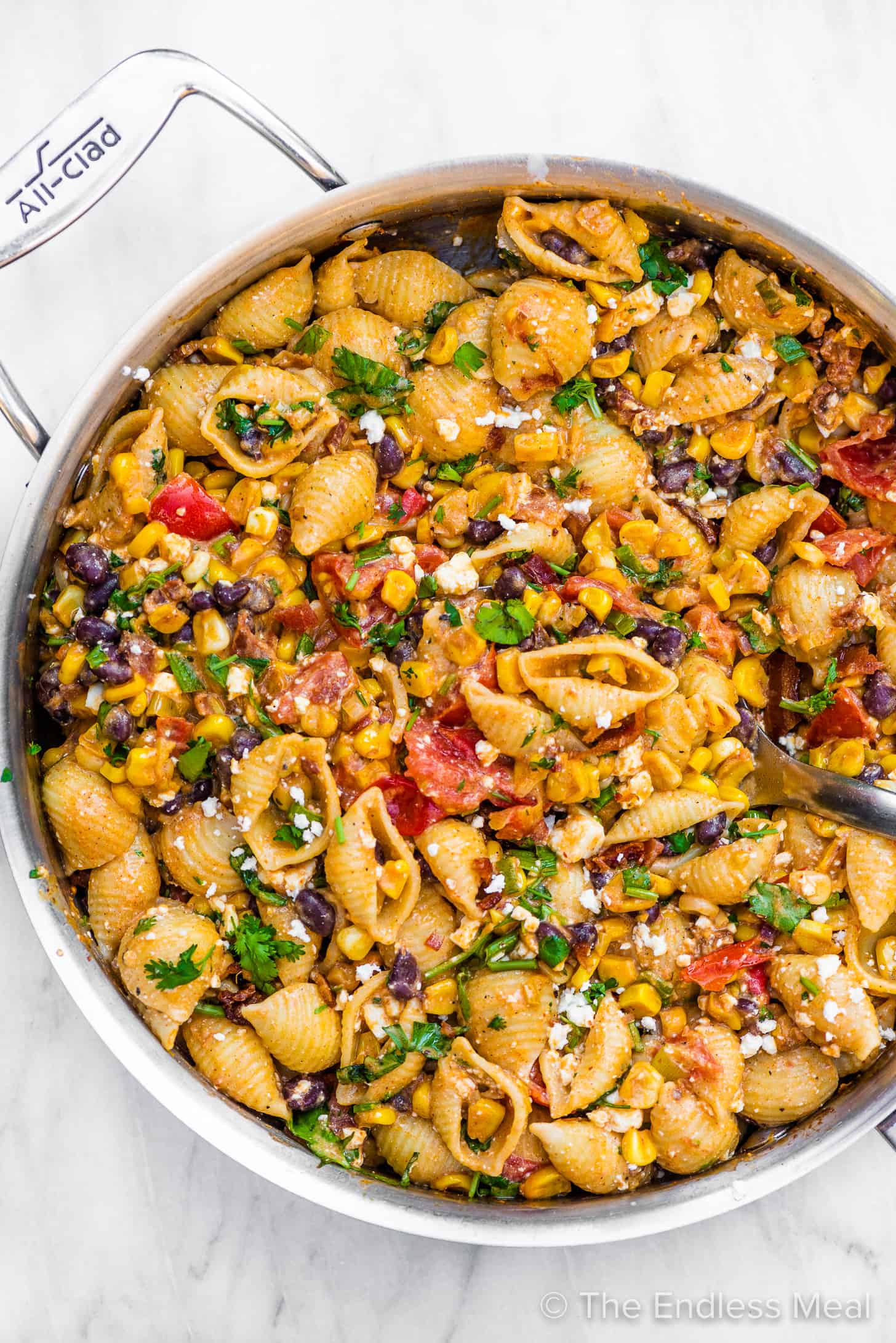 Mexican Street Corn Pasta in a skillet.