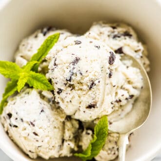 Mint chocolate chip ice cream in a white bowl with a spoon.