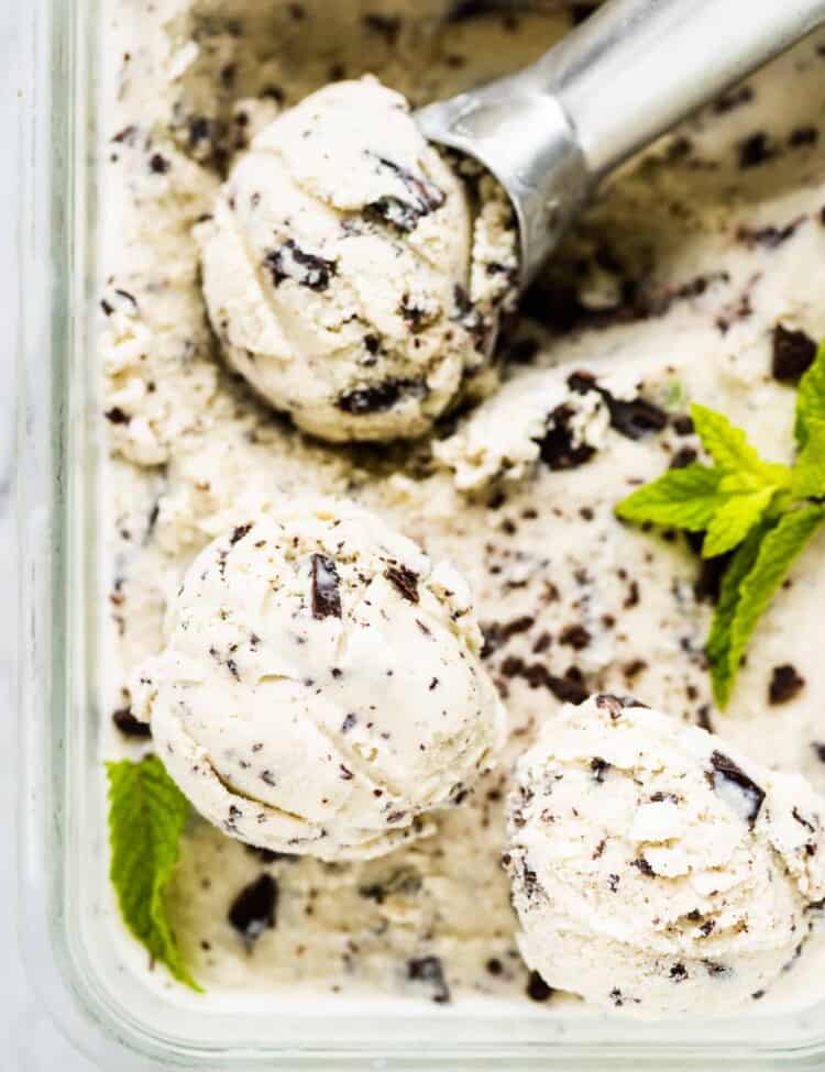 mint chocolate chip ice cream scooped into balls.