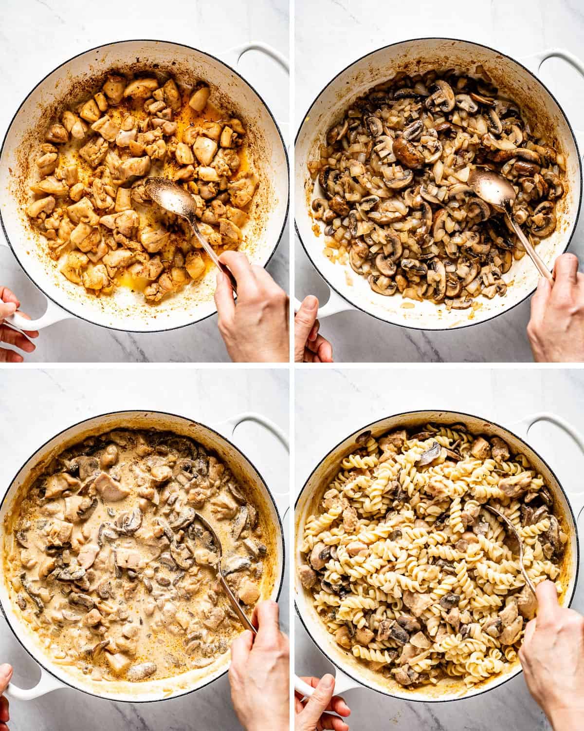 person showing the steps of making this chicken and mushroom pasta recipe in 4 steps.